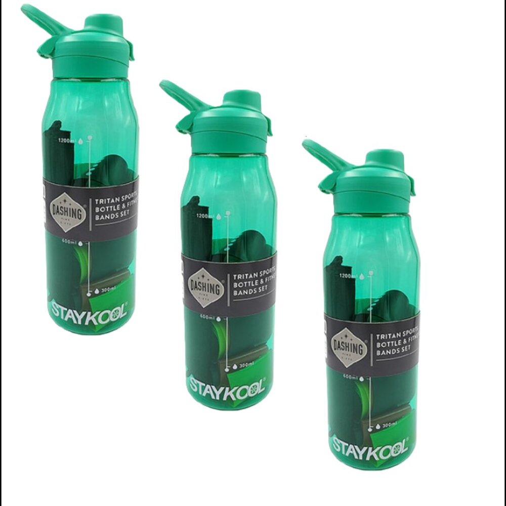 3Pk Dashing Water Bottle and Resistance Band Set Green New